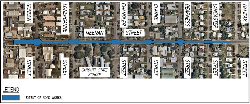 Meenan Street Roadworks location Meenan Street Roadworks