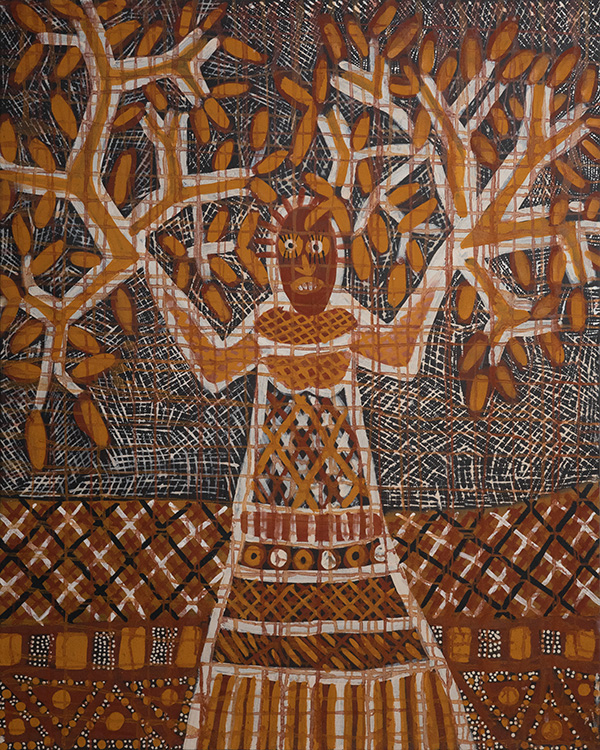 Johnathon World Peace Bush, Bush Family Tree, 2020, ochre on canvas, 150 x 120 cm. Image courtesy of The Macquarie Group Collection.