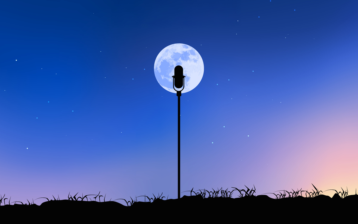 microphone silhouette sitting in front of the full moon.
