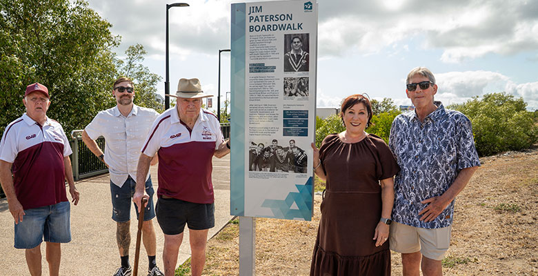 (L-R) Robin Carter, James Paterson, Joe Moore, Acting Mayor Ann-Maree Greaney and Wayne Paterson at the official opening of the Jim Paterson Boardwalk