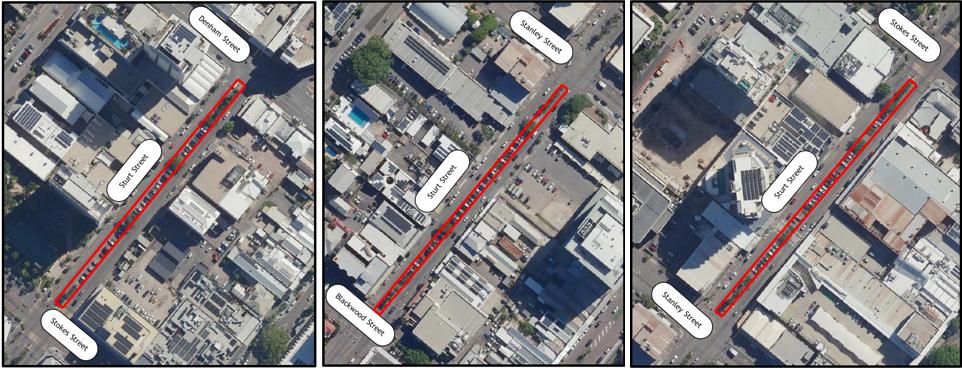 Map of Sturt Street, Townsville City with parts of street being surveyed highlighted