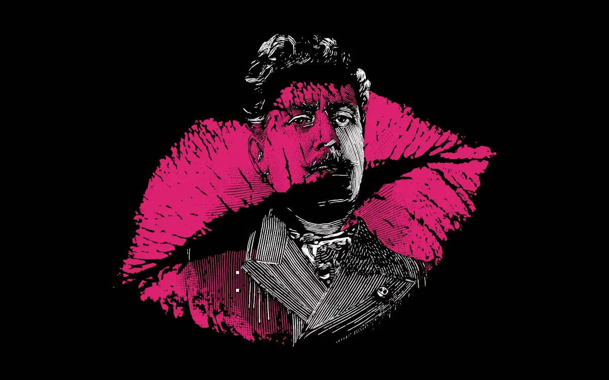Man wearing suit with pink lips over the top