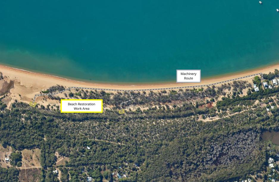 Map of Horseshoe Bay Beach with restoration area and machinery route highlighted
