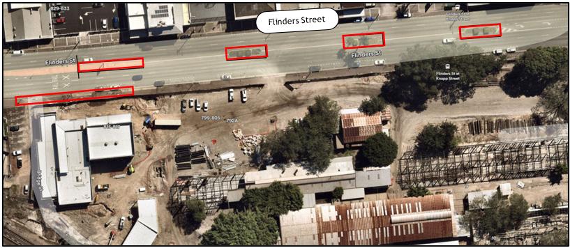 Map of Flinders Street with the traffic islands to be removed and garden beds to be landscapes highlighted