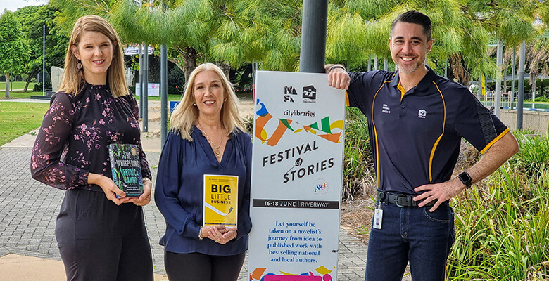 Authors Veronica Lando and Jayne Arlett with Cr Liam Mooney ahead of Festival of Stories at Riverway