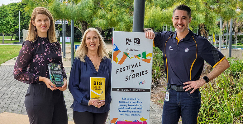 Caption: Authors Veronica Lando and Jayne Arlett with Cr Liam Mooney ahead of Festival of Stories at Riverway. Authors Veronica Lando and Jayne Arlett with Cr Liam Mooney ahead of Festival of Stories at Riverway