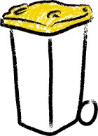 A yellow recycling bin