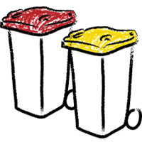 Red waste and yellow recycling bin