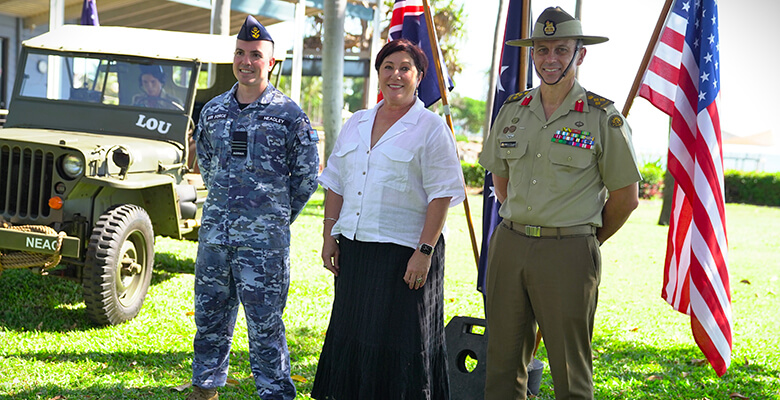 Commanding Officer 27 Squadron Wing Commander Luke Headley, Acting Mayor Ann-Maree Greaney and Commander 3rd Brigade Brigadier Ben McLennan announce VP80 commemorations at The Strand Commanding Officer 27 Squadron Wing Commander Luke Headley, Acting Mayor Ann-Maree Greaney and Commander 3rd Brigade Brigadier Ben McLennan announce VP80 commemorations at The Strand