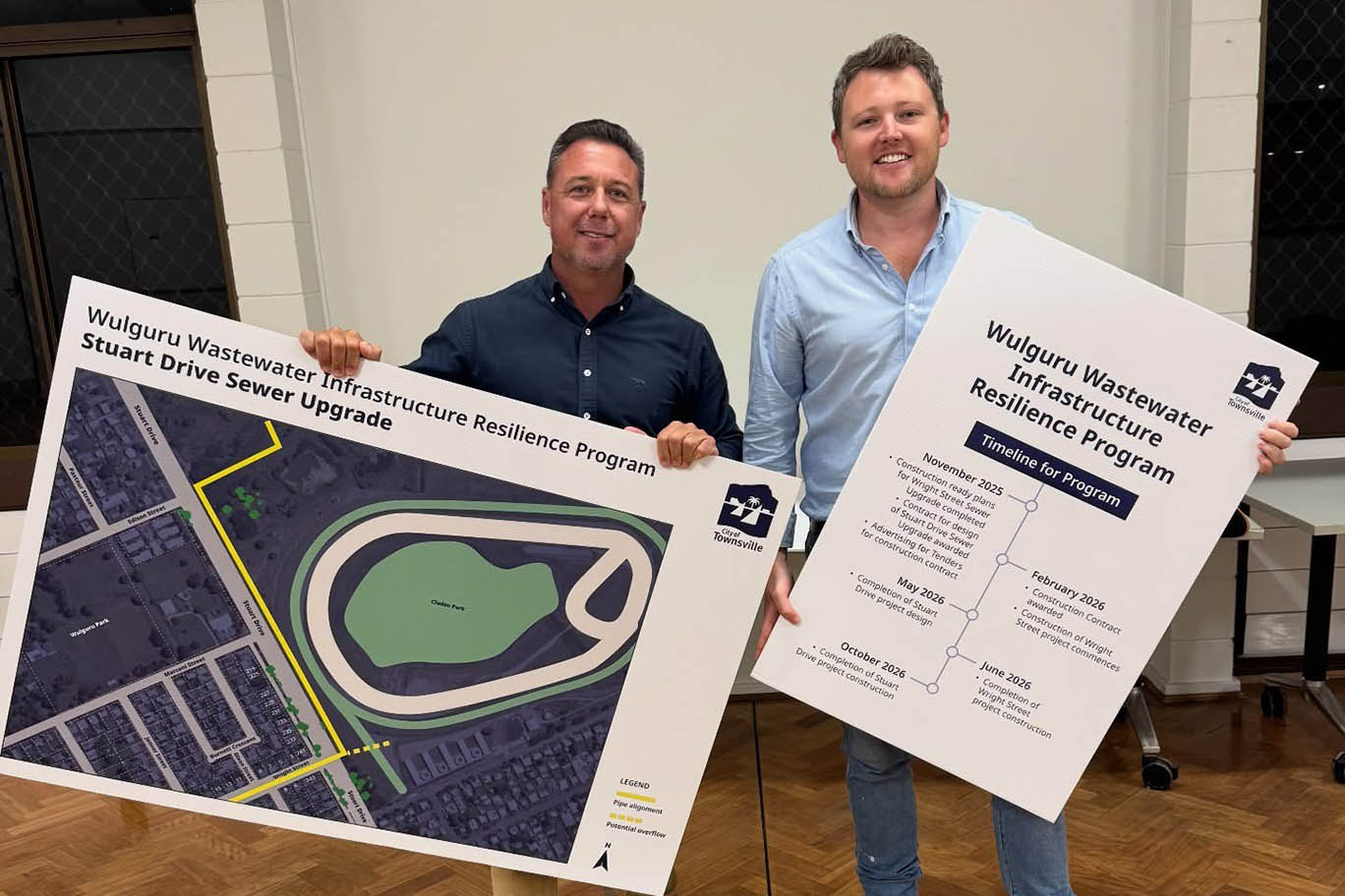 Mayor Nick Dametto and Cr Brady Ellis with Wulguru Wastewater Resilience Project plans. Mayor Nick Dametto and Cr Brady Ellis with Wulguru Wastewater Resilience Project plans.