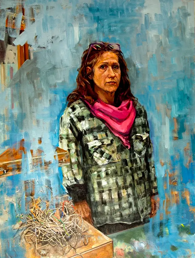 Christine Wrest-Smith, Self Portrait with Pink Scarf, 2025