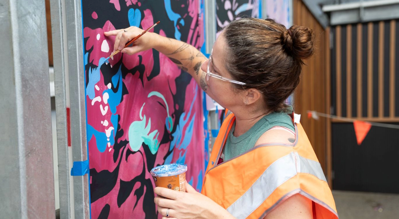 Katherine Cornwall with artwork Root and Rock Landscape
