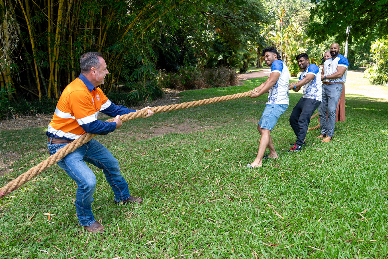 Mayor Nick Dametto battling it out against Townsville Titans Stephen Thampi, Naveen Saji, Antony Jacob and Deputy Mayor Suzy Batkovic