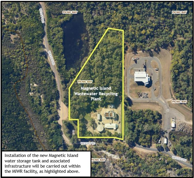 Map of Picnic Bay with yellow outline around the Magnetic Island Wastewater Recycling Plant