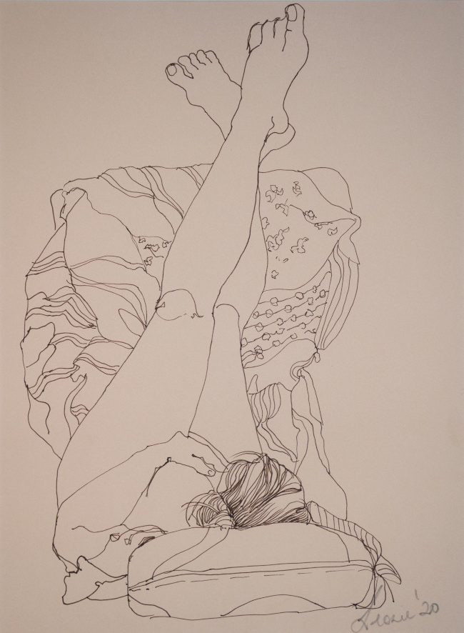 Image: Leonie Wood, Repose 2020, artist pen on paper, framed, 50 x 41 cm