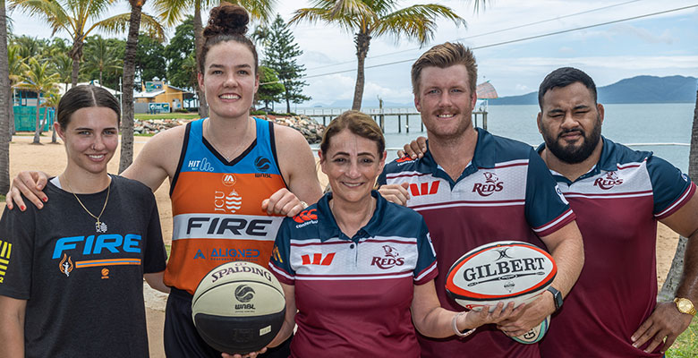 Townsville Mayor Jenny Hill with Townsville Fire stars Morgan Yaeger and Lara McSpadden and Queensland Reds duo Harry Hoopert and Taniela Tupou ahead of a bumper weekend of sport in the city. 