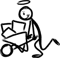 Rory the stick figure pushing a wheelbarrow of items