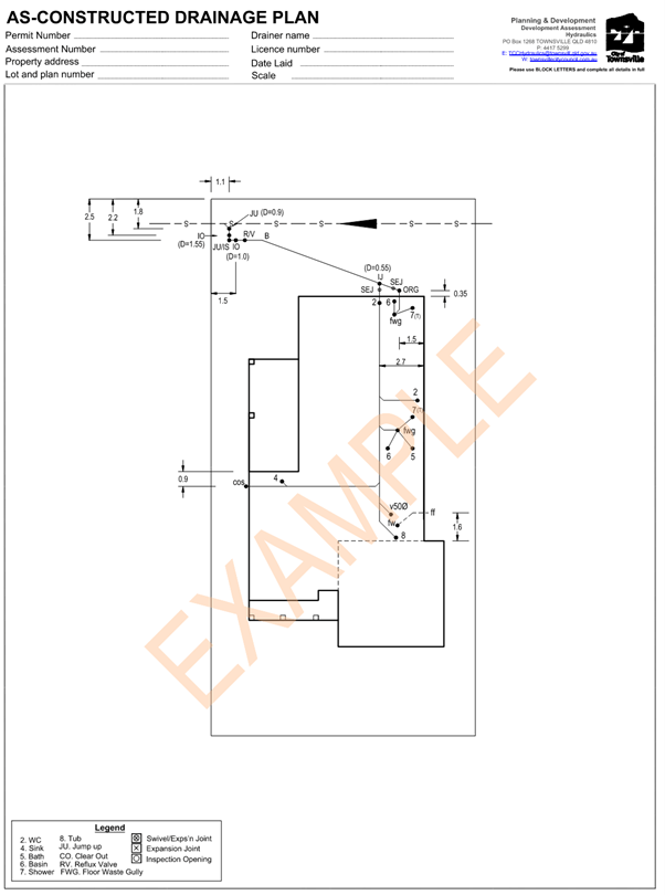 Example As Constructed Drainage Plan with floor plan and legend