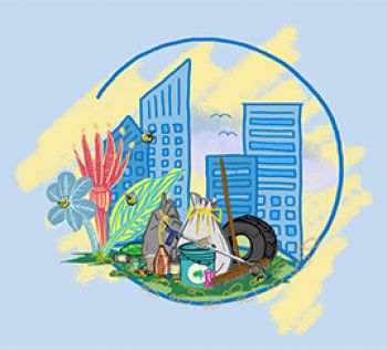Cartoon of rubbish over buildings and Australia