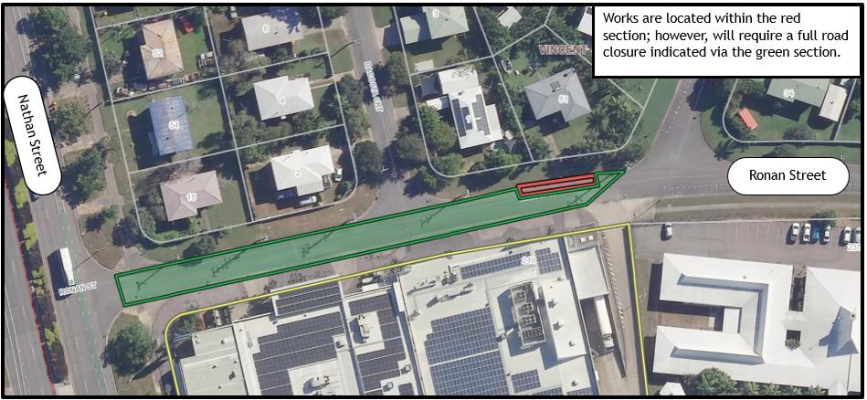 Map of Ronan Street with works area highlighted in red and entire road highlighted green