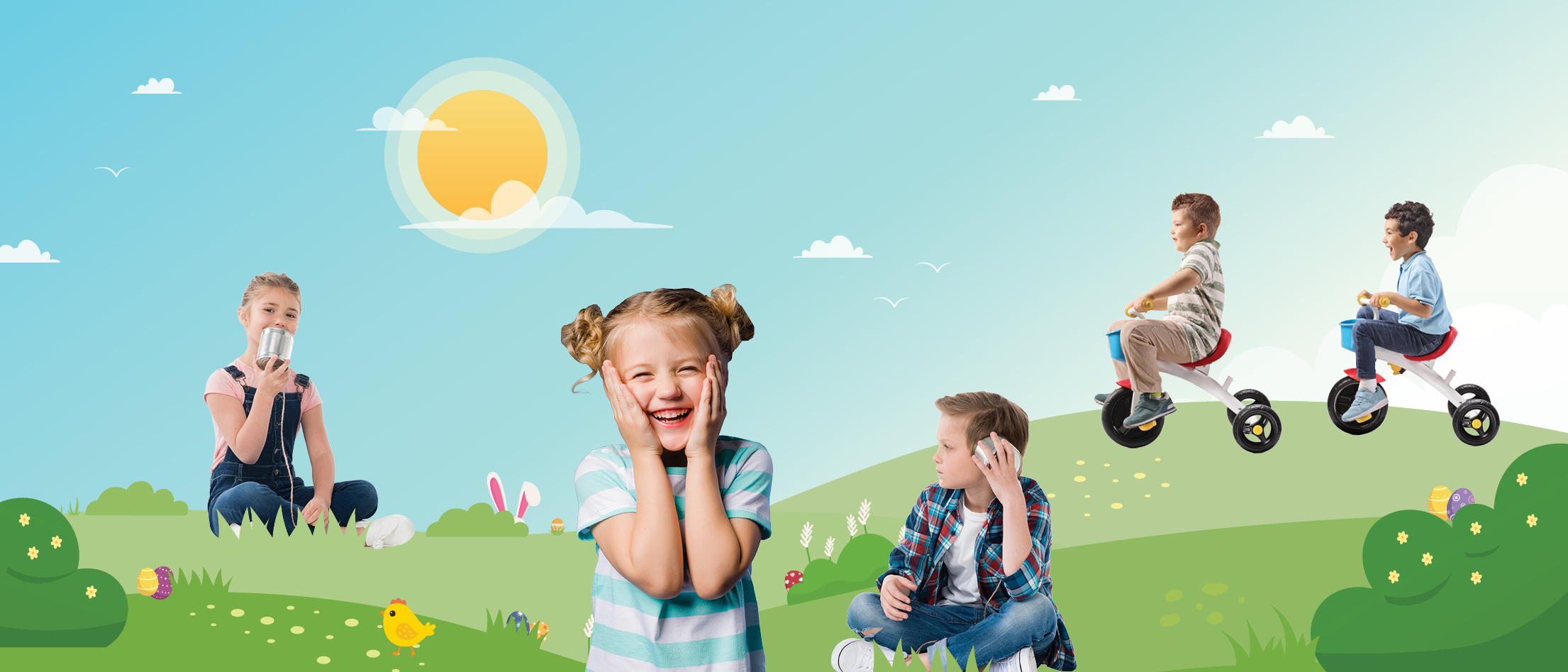 Children happily playing on a hill