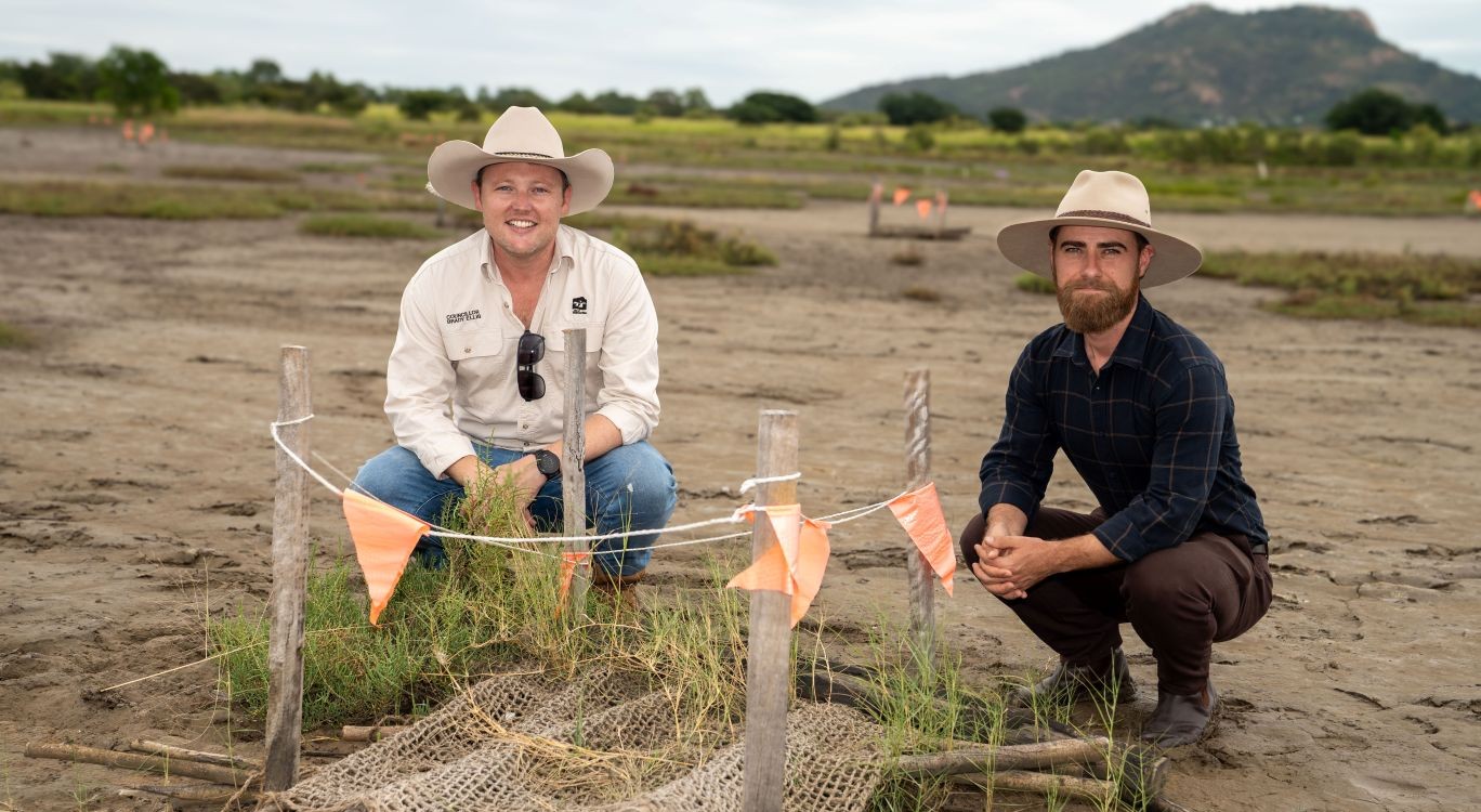 Cr Brady Ellis and Council's Coordinator Regenerative Landscapes Tyson Schmid at the Oonoonba saltmarsh restoration site. 