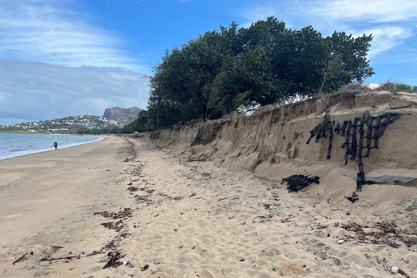 Toolakea foreshore’s steep sand cliff is called an erosion scarp, which was caused by heavy rainfall during the 2025 tropical low event. 