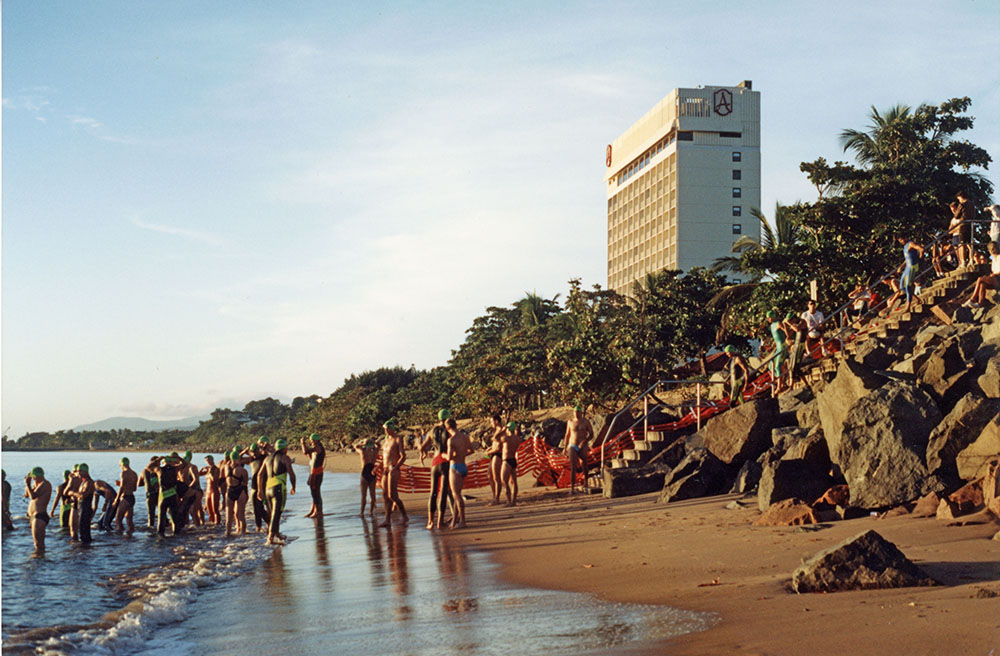 Athletes preparing for a triathlon on the Strand beach, Townsville, 1991
