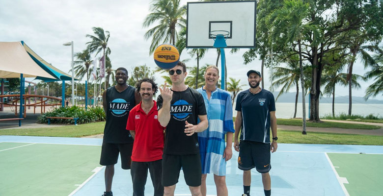 Talent from left to right -  FIBA 3x3 pro Deola D’brown, Sport and Recreation Officer Stephen Evans, Australian dunking pro Brodie Stephens, Cr Suzy Batkovic and Zion Laterre of One Basketball Academy.