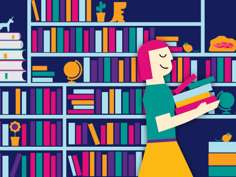 Someone happily walking with a stack of books