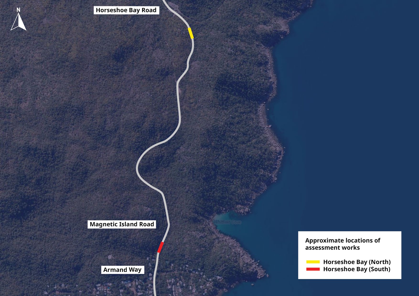 Map of Horseshoe Bay Road with approximate locations of assessment works highlighted