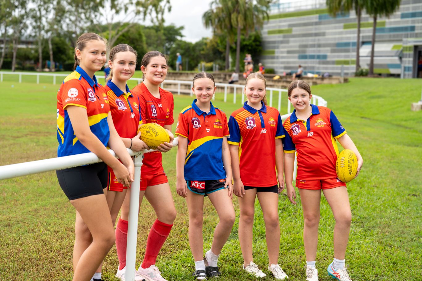 Northern Beaches Suns AFL Club players Zahari Dunn, Maddie Dawson, Sienna Bunting, Keira Warren, Jasmina Logan and Kailani Dunn. 
