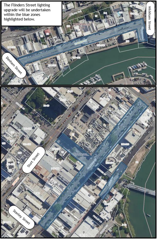 Map of Flinders Street with areas where lighting will be upgraded highlighted