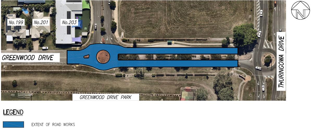 Map of Greenwood Drive, Kirwan with blue shading showing the extent of road works