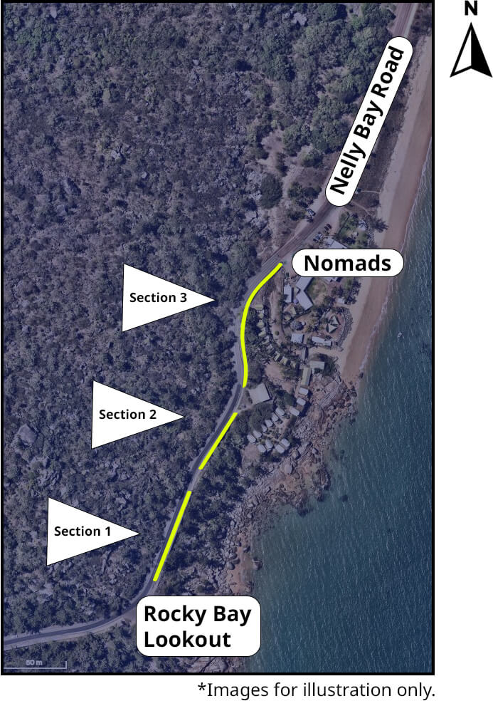Map of Nelly Bay Boardwalk with three sections highlighted