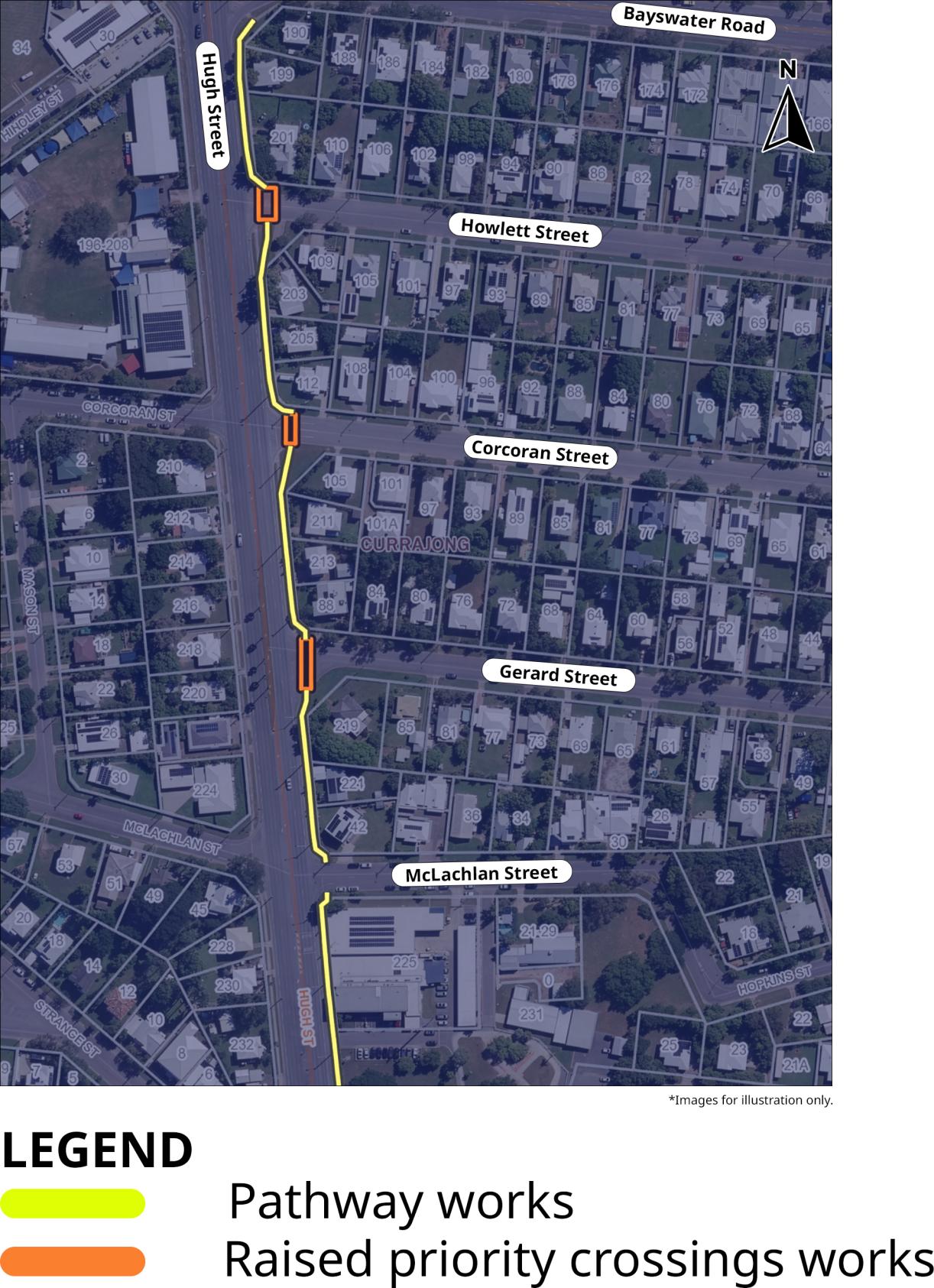 Map of Hugh Street with pathway and raised priority crossings works highlighted