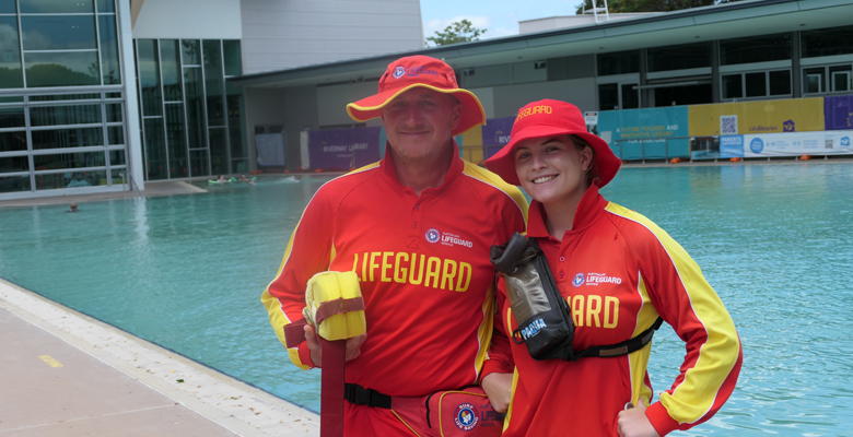 Lifeguards Erik Walter and Madeleine Prizeman are ready to go with Riverway’s upper lagoon re-opened.
