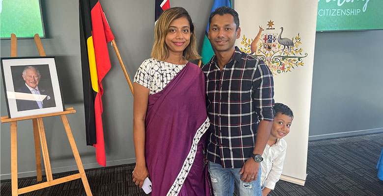 New Australian citizen Muditha Dasanayake with her partner Chamil Nilaweera and their son Nyle Nilaweera at Wednesday’s citizenship ceremony.