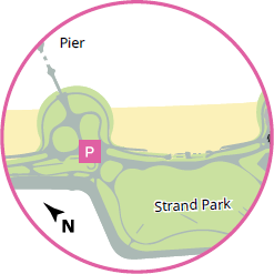 Map indicating pink piano is on the path leading to Strand Pier