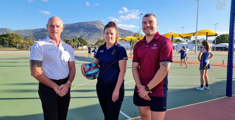Cr Maurie Soars with Townsville City Netball Operations Manager Natalie Parsloe and Netball Queensland Competitions Manager Luke Asi.
