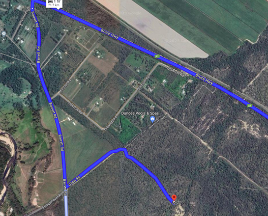 Map of how to get to the workshop. Turn left off Bruce Hwy onto Barrett Rd. Turn left at Glider Rd.