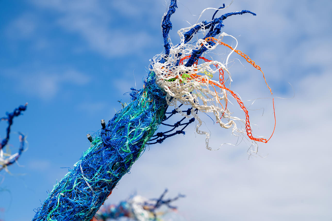 Anemones made of ghost net, beach found rope, sand, fabric, and fishing rod supports