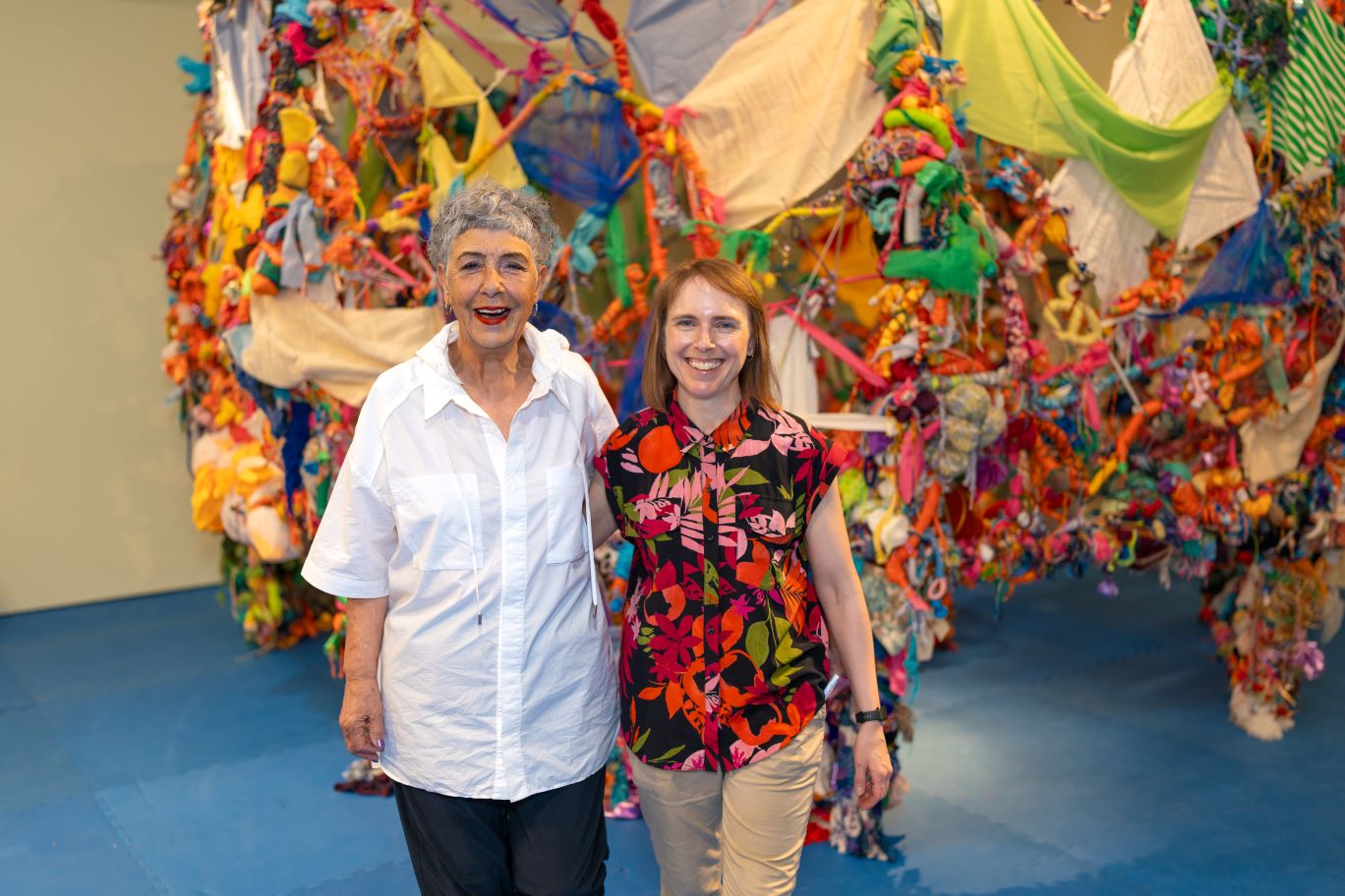 N’arwee’t Carolyn Briggs and Dr Grace McQuilten travelled to Townsville from Victoria to install the exhibition at Pinnacles Gallery.