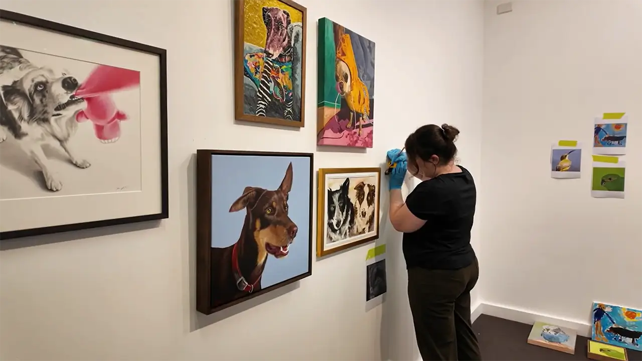 Gallery staff hanging animal portraits on the wall