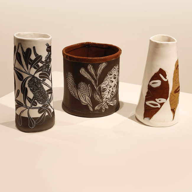 Margaret Crawford, Banksia Life After Fire 2021, Ceramic, 16.5 x 17.5 cm diam, 23 x 11.5 cm diam, 21 x 12.5 cm diam. Major acquisitive prize winner of the 66th Townsville Art Awards 2021. City of Townsville Art Collection. Image courtesy of Townsville City Galleries. Accession number: 2022.0045.000