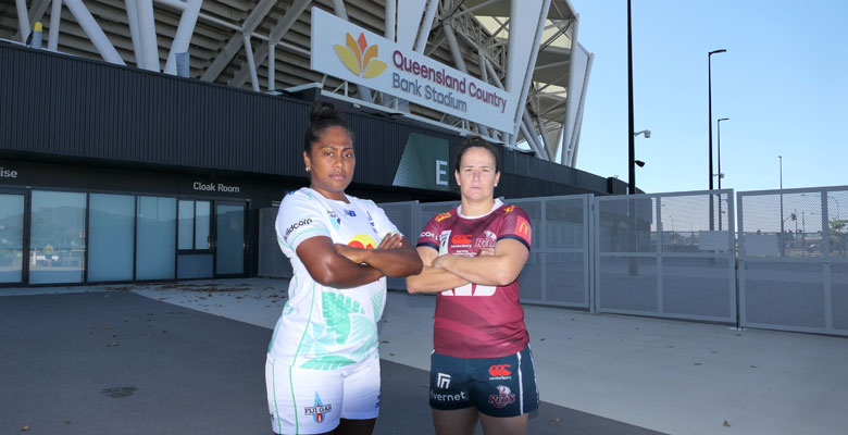 Fijiana Drua captain Bitila Tawake and Queensland Reds captain Shannon Parry at Queensland Country Bank Stadium ahead of the Super W Grand final on Saturday