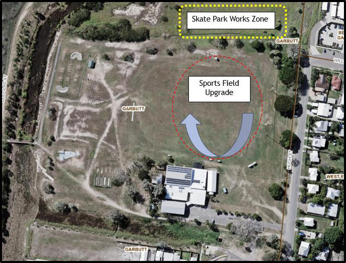 Map of Harold Phillips Park showing Sports Field Upgrade and Skate Park Works Zones