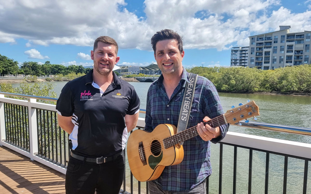Queensland Country Bank Stadium General Manager Tom Kimball and Sneaky Beats' Luan Krasniqi