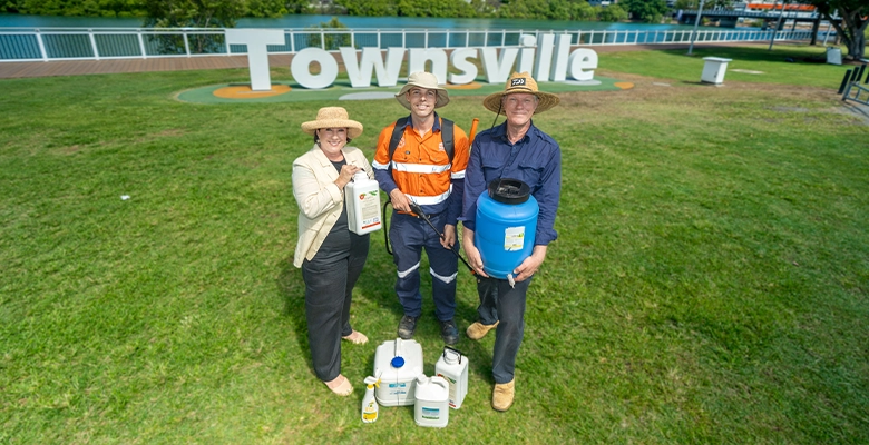 Townsville Acting Mayor Councillor Ann-Maree Greaney, TCC Senior Officer - Environmental Operations Management, David Coley and TCC Chief Sustainability Officer Greg Bruce with some of the products used post-floods. Townsville Acting Mayor Councillor Ann-Maree Greaney, TCC Senior Officer - Environmental Operations Management, David Coley and TCC Chief Sustainability Officer Greg Bruce with some of the products used post-floods.