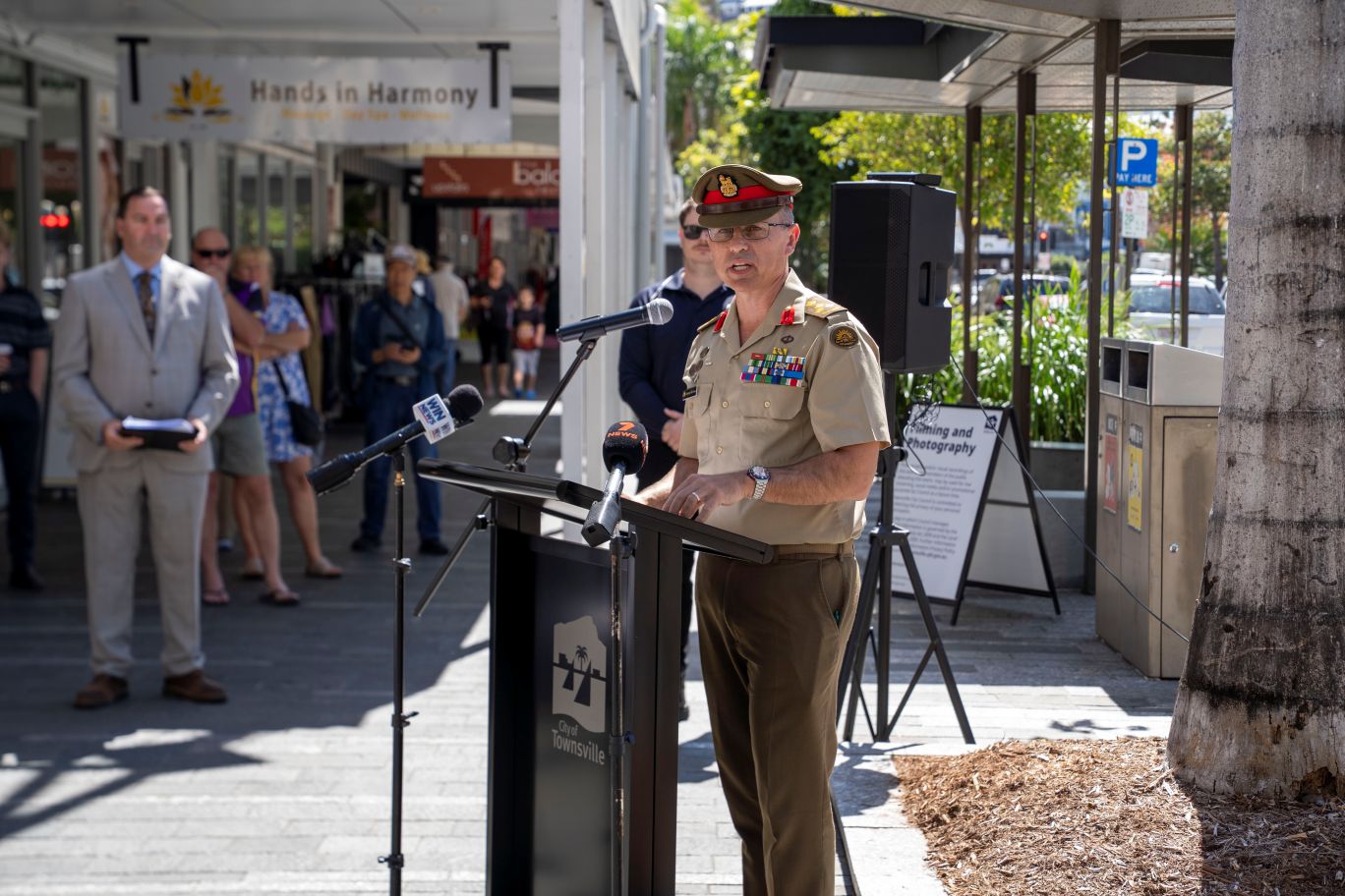 Commander 3rd Brigade, Brigadier Ben McLennan, speaking at the Australian Flag Rasing Ceremony held on Flinders Street